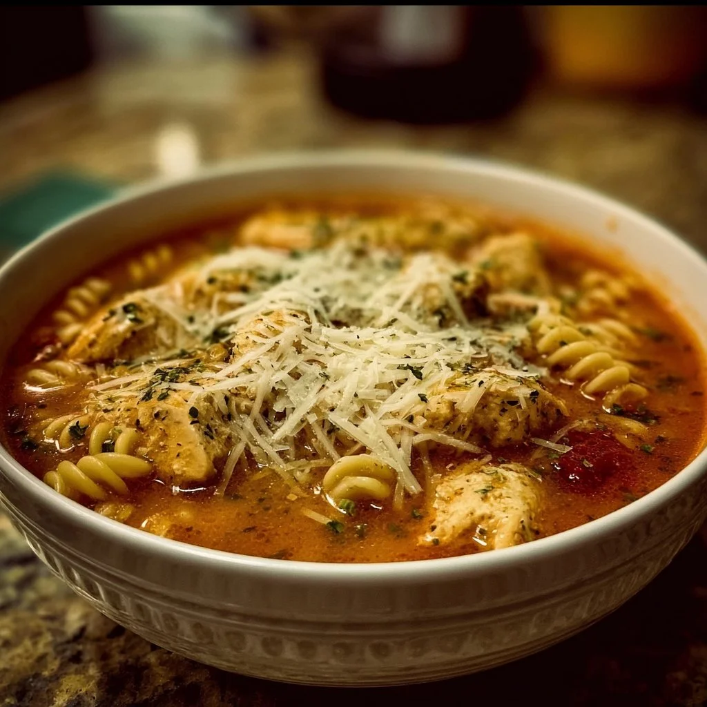 Delicious bowl of Crockpot Chicken Parmesan Soup garnished with herbs.