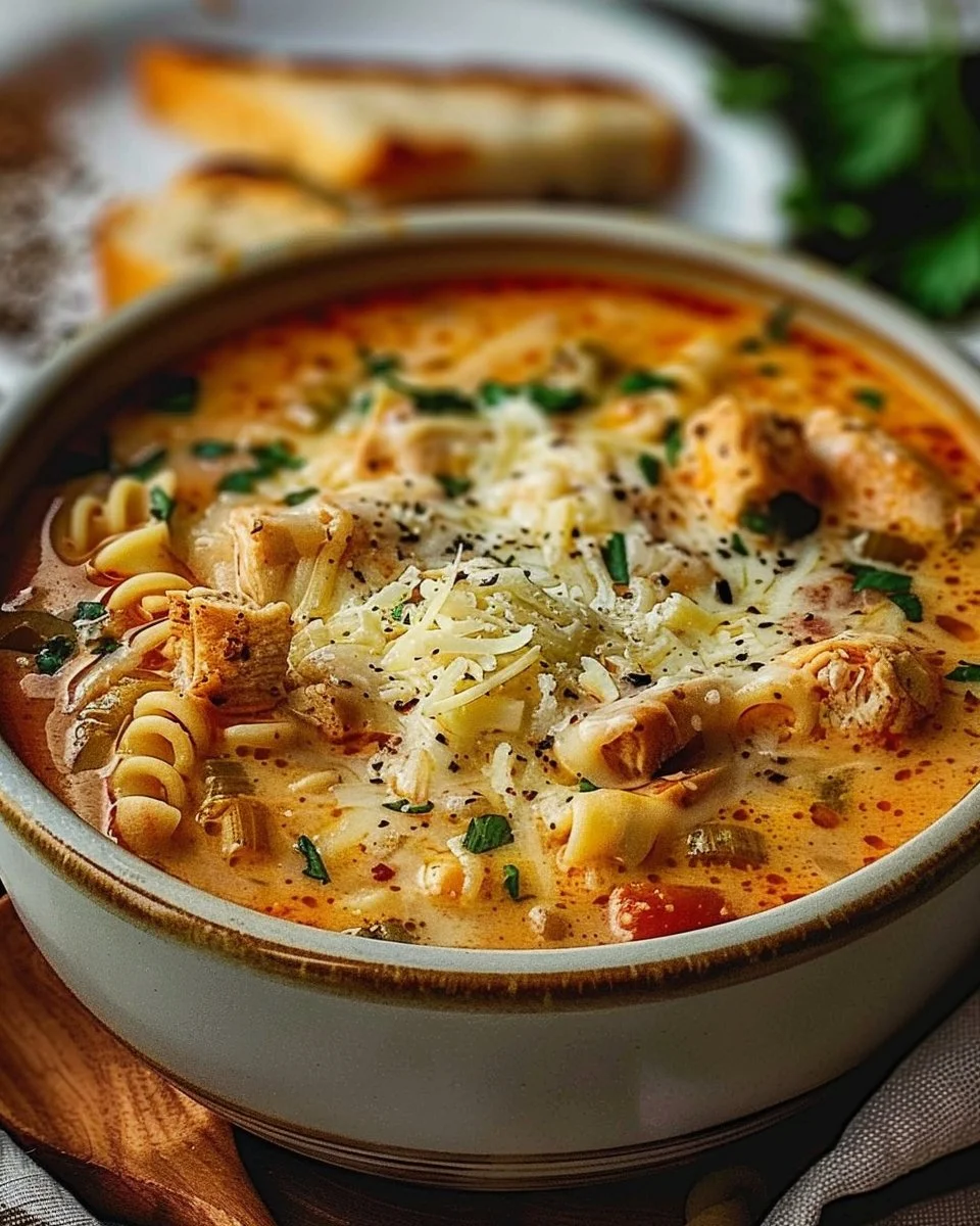 Delicious bowl of Crockpot Chicken Parmesan Soup with herbs and cheese