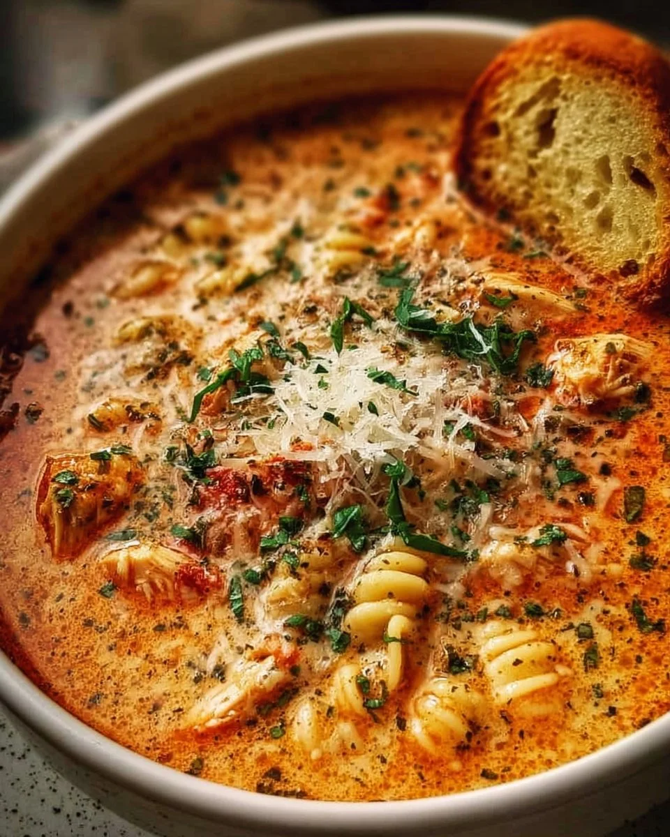 Crockpot Chicken Parmesan Soup served in a bowl with cheese and herbs