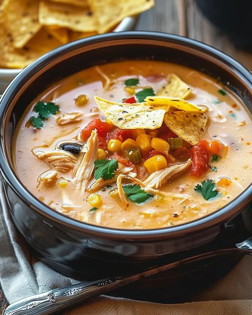 Bowl of Crockpot Chicken Tortilla Soup topped with tortilla chips and fresh cilantro