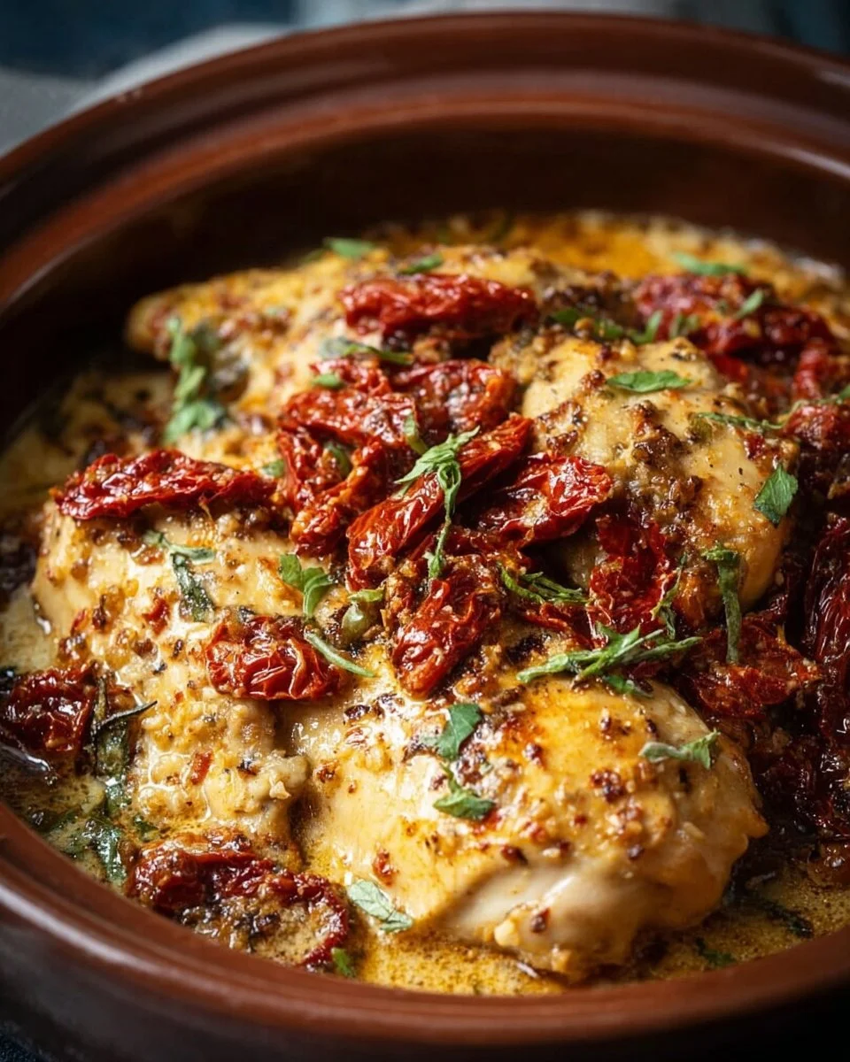Crockpot Chicken with Sun-Dried Tomatoes dish served in a bowl