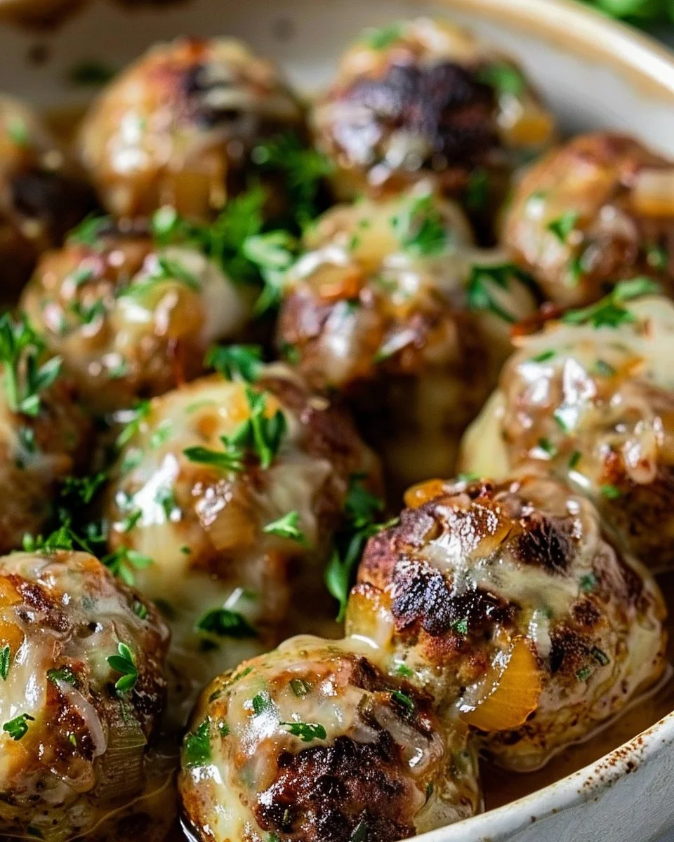 Tender crockpot French onion meatballs in a savory broth