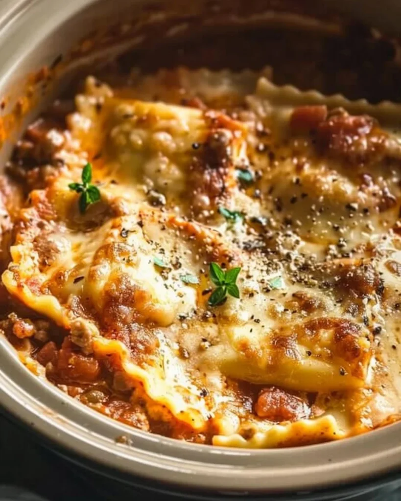 Delicious Crockpot Ravioli Lasagna served in a bowl with cheese and herbs