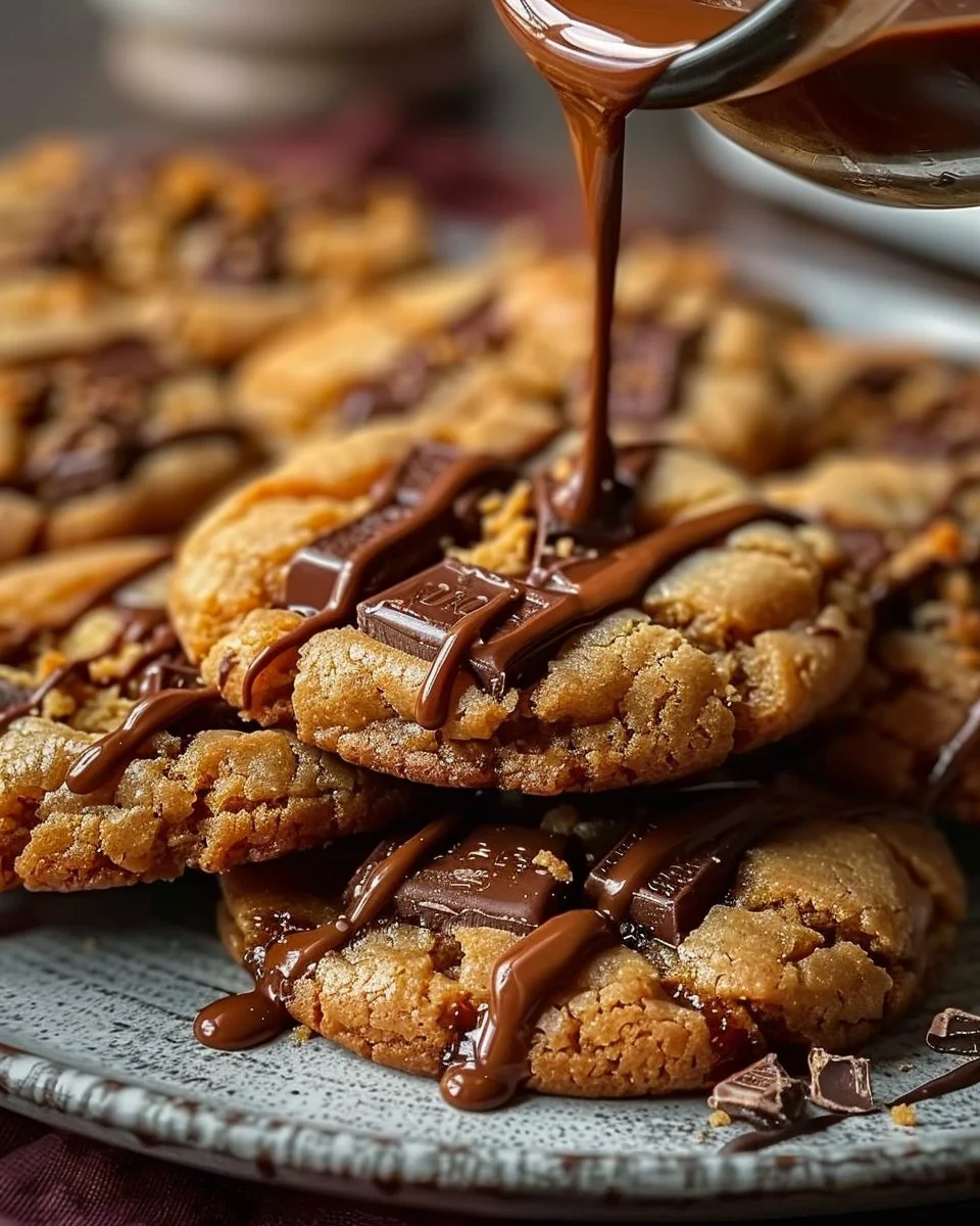 Decadent chewy Twix-style cookies with caramel and chocolate drizzle