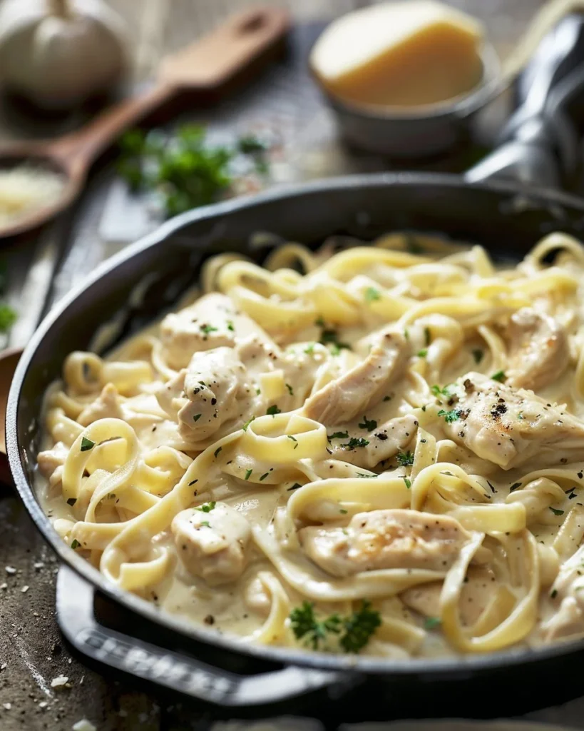 Delicious Dump-and-Bake Chicken Alfredo served in a creamy sauce.