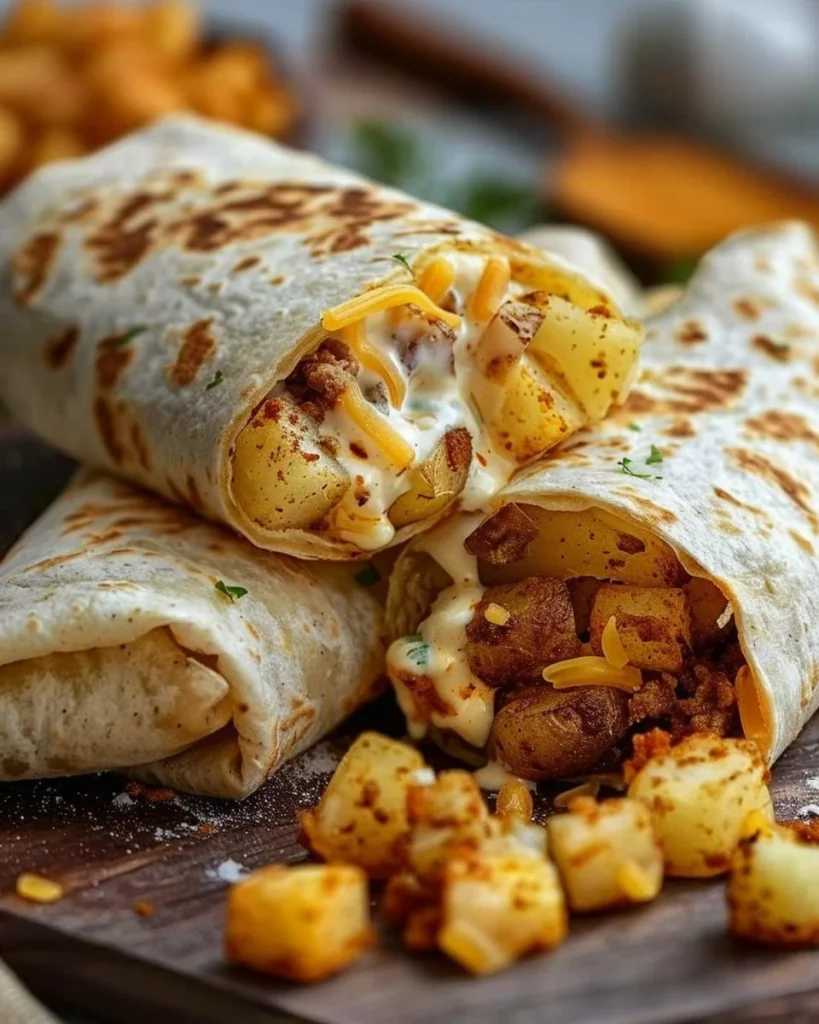 Easy cheesy potato burritos with creamy filling and melted cheese