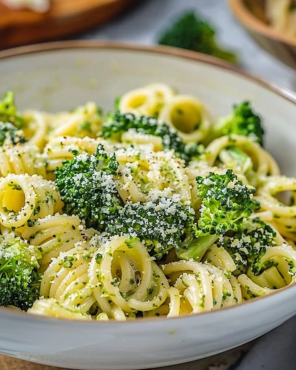 A bowl of easy healthy broccoli pasta garnished with fresh herbs