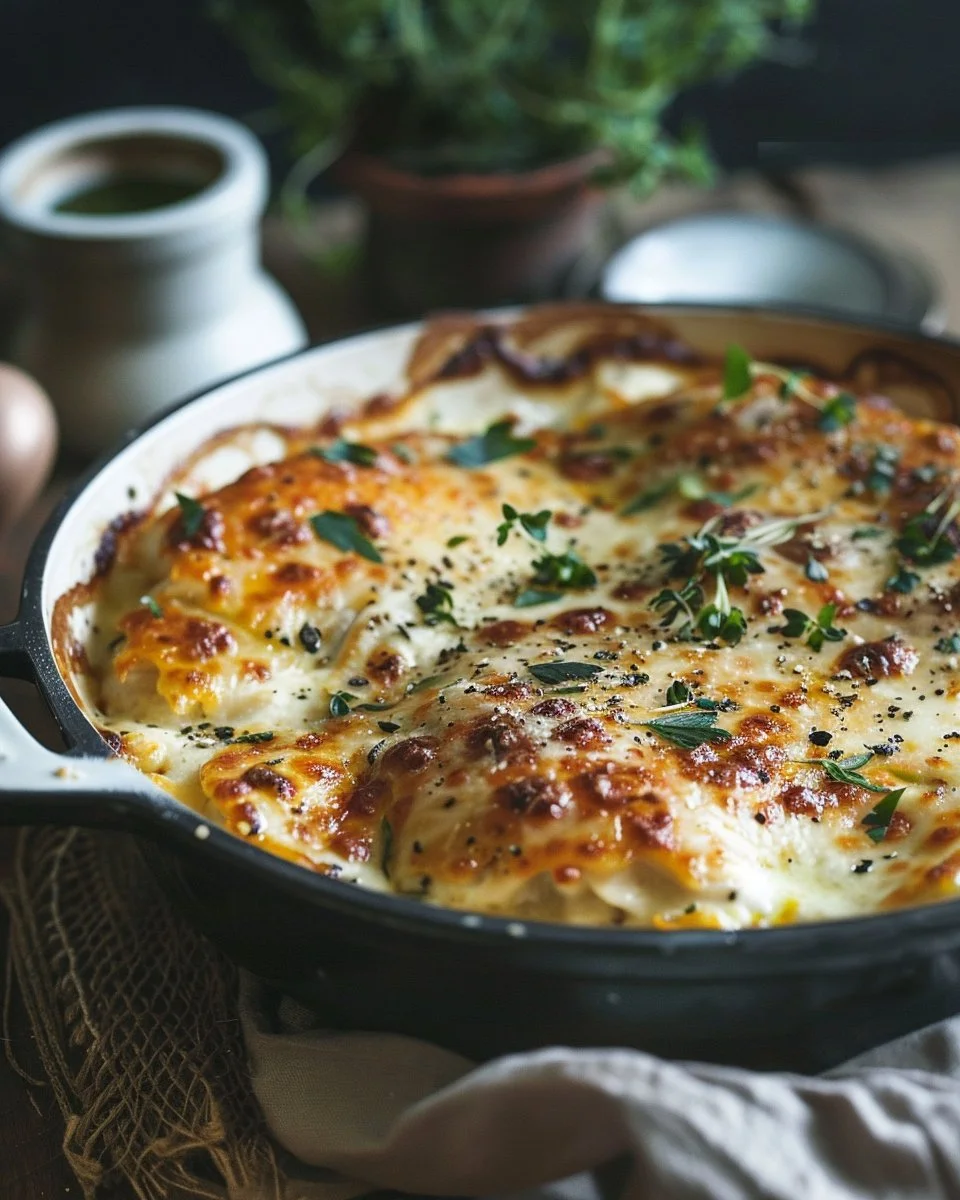 Delicious Easy Ranch Chicken Bake served with herbs and side dishes.
