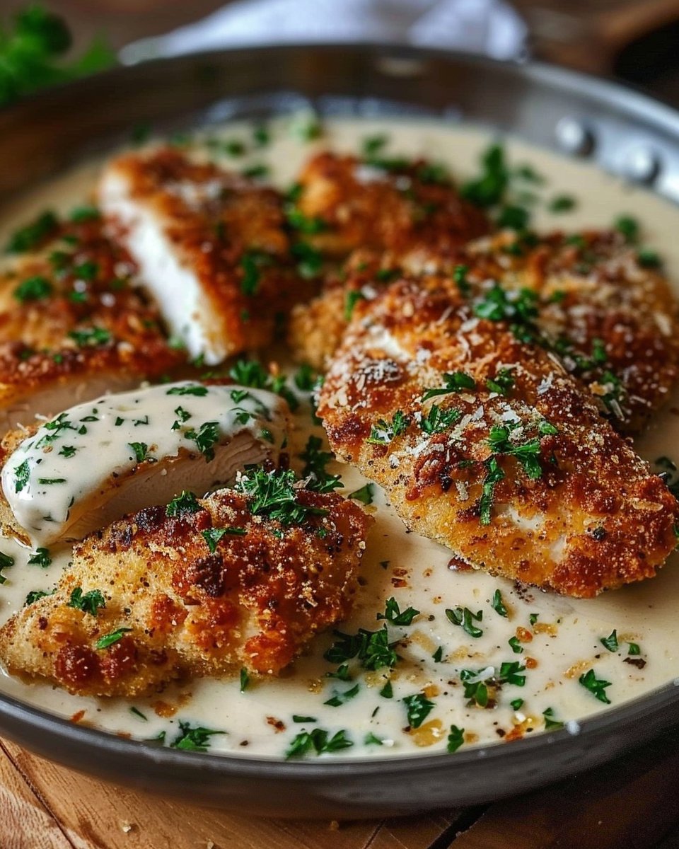 Crispy Parmesan Chicken with Garlic Cream Sauce