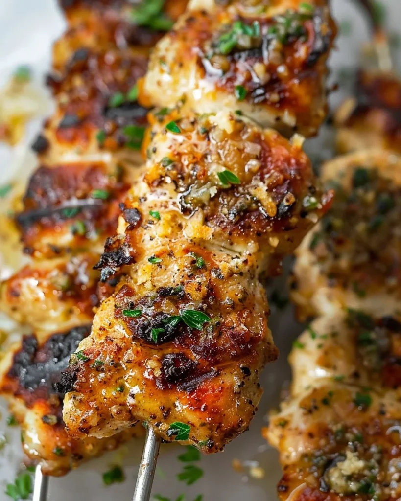 Grilled Garlic Parmesan Chicken Skewers garnished and served on a platter.