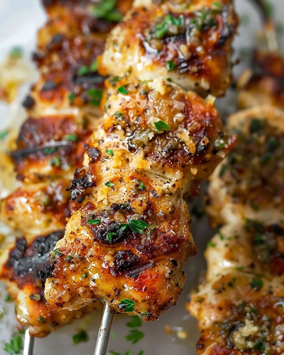 Grilled Garlic Parmesan Chicken Skewers garnished and served on a platter.