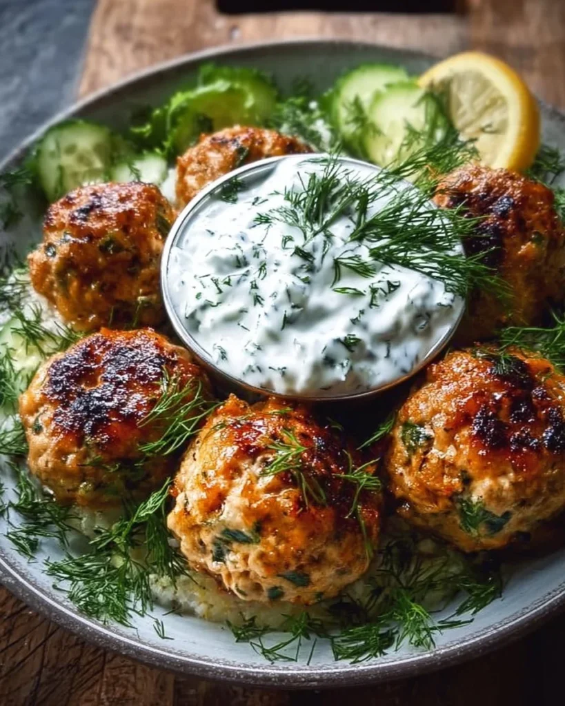 Plate of Greek chicken meatballs with tzatziki sauce and fresh herbs.