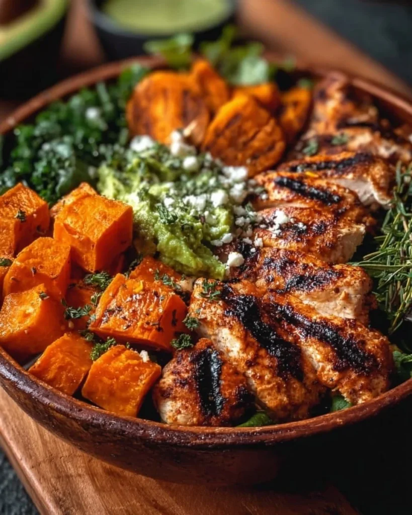 Grilled chicken sweet potato bowl with colorful veggies and dressing