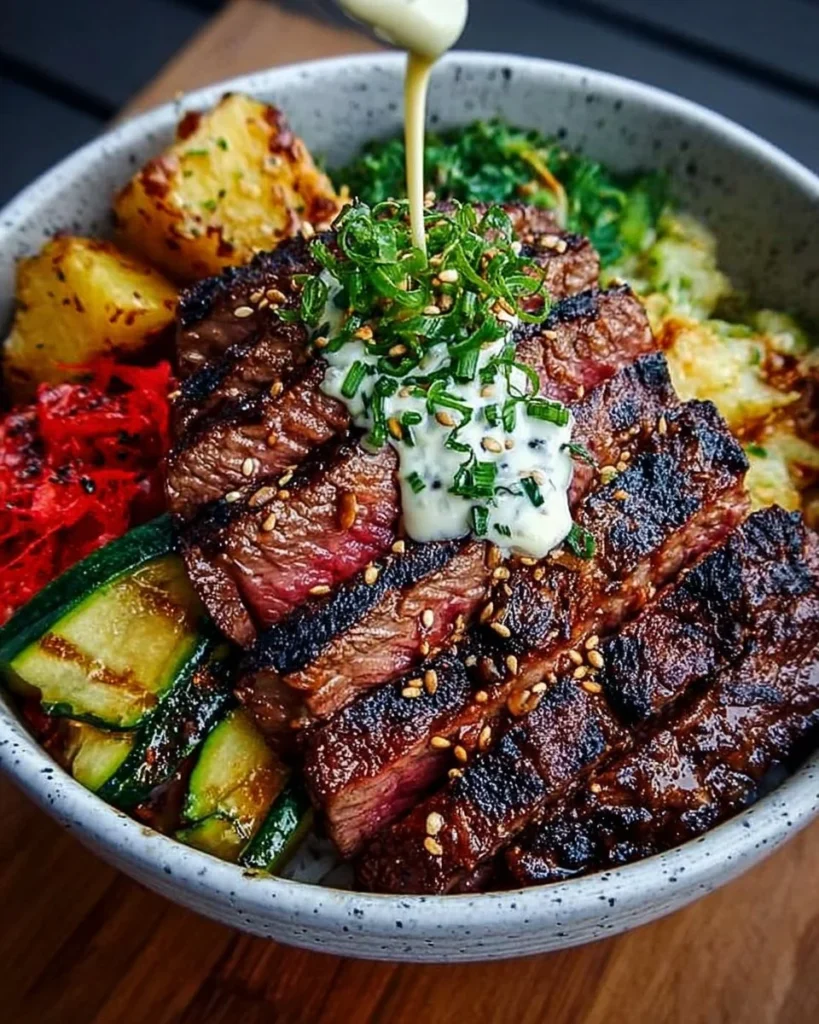 Delicious grilled steak bowl served with fresh vegetables and grains