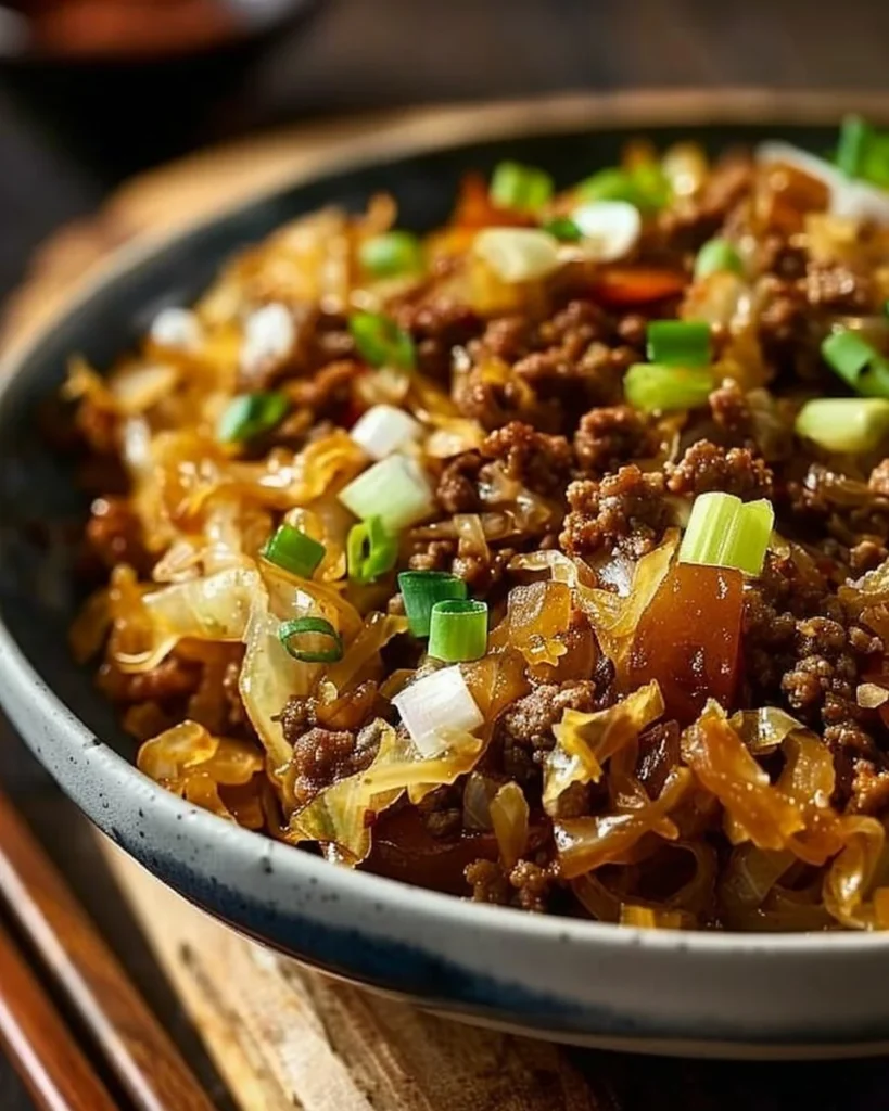 Ground beef and cabbage stir-fry served in a colorful bowl