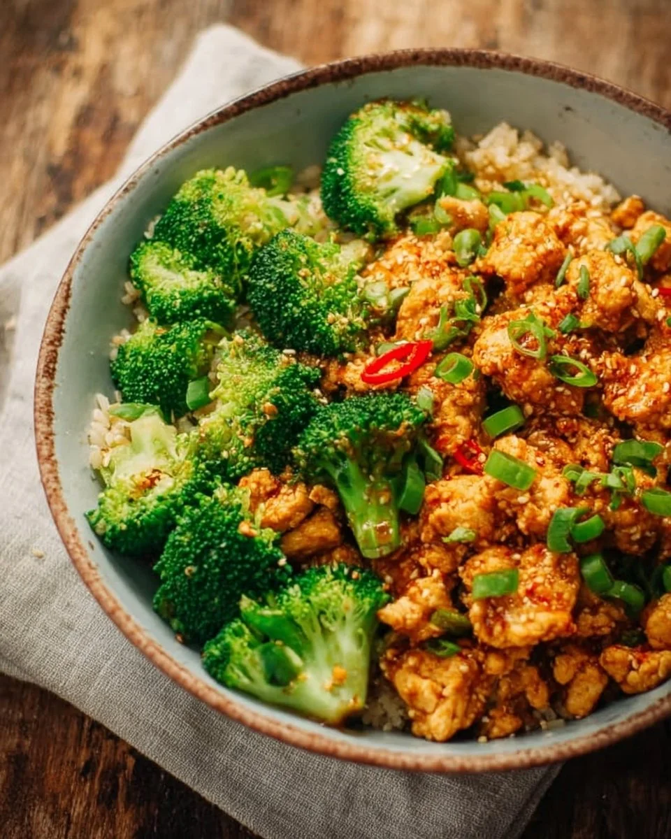 Ground chicken and broccoli protein bowls with vibrant vegetables and sauce
