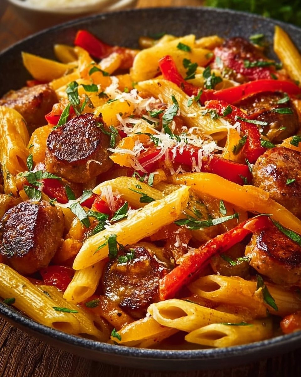 Penne with Smoky Sausage and Bell Peppers