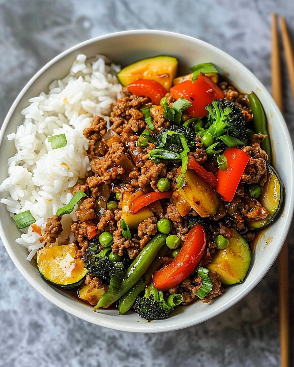 Spicy Ground Beef Stir-Fry Bowl with Garlic Veggies & Steamy Rice