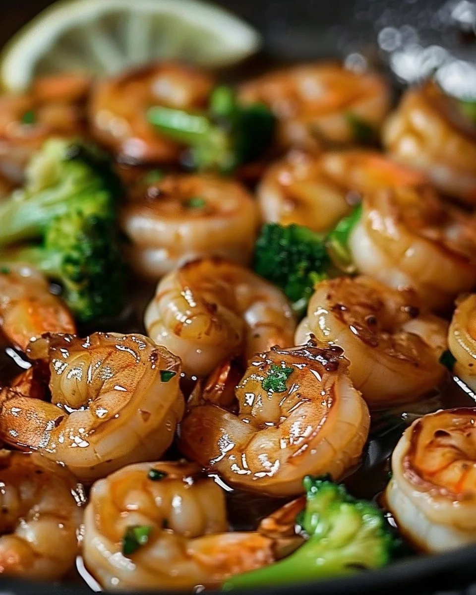 Plate of high-protein honey garlic shrimp garnished with green onions