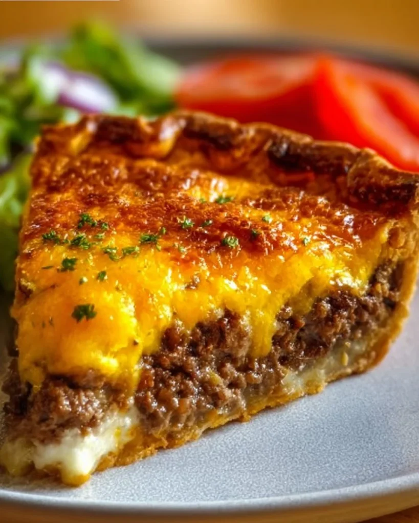 Delicious homemade cheeseburger pie served with toppings.