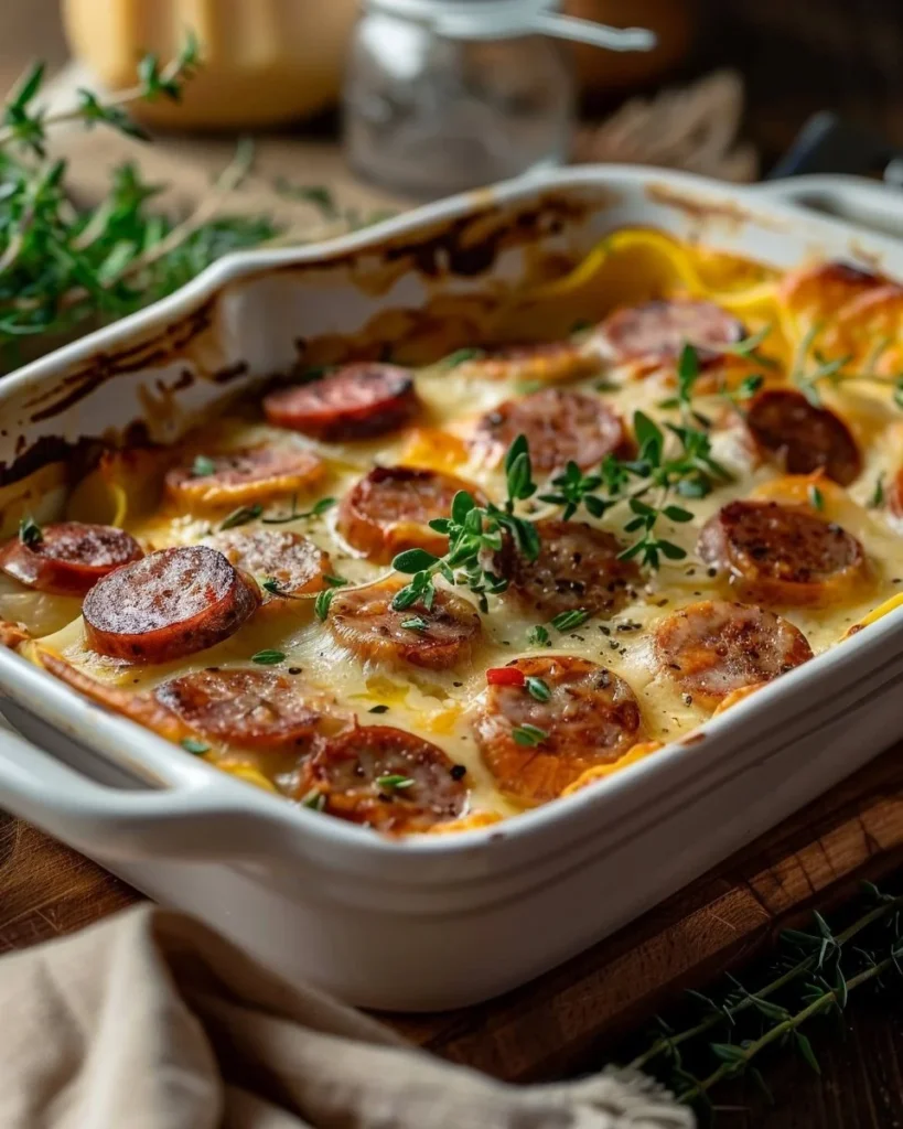 Delicious Lazy Smoked Sausage Casserole served in a bowl