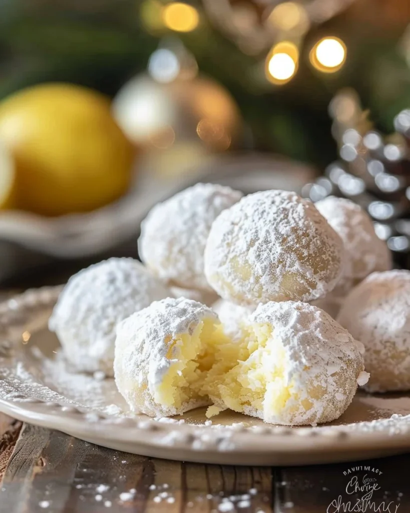 Delicious Lemon Cream Snowball Cookies dusted with powdered sugar