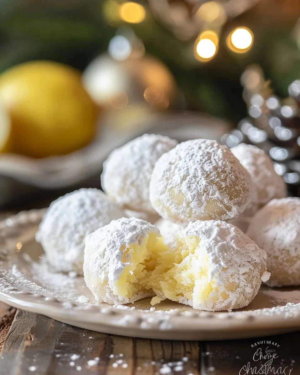 Delicious Lemon Cream Snowball Cookies dusted with powdered sugar
