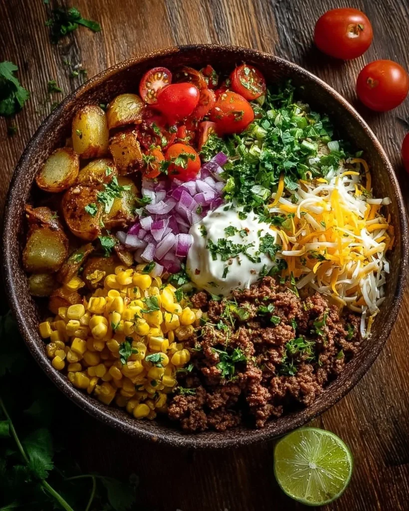 Delicious Loaded Potato Taco Bowl with toppings and creamy mashed potatoes