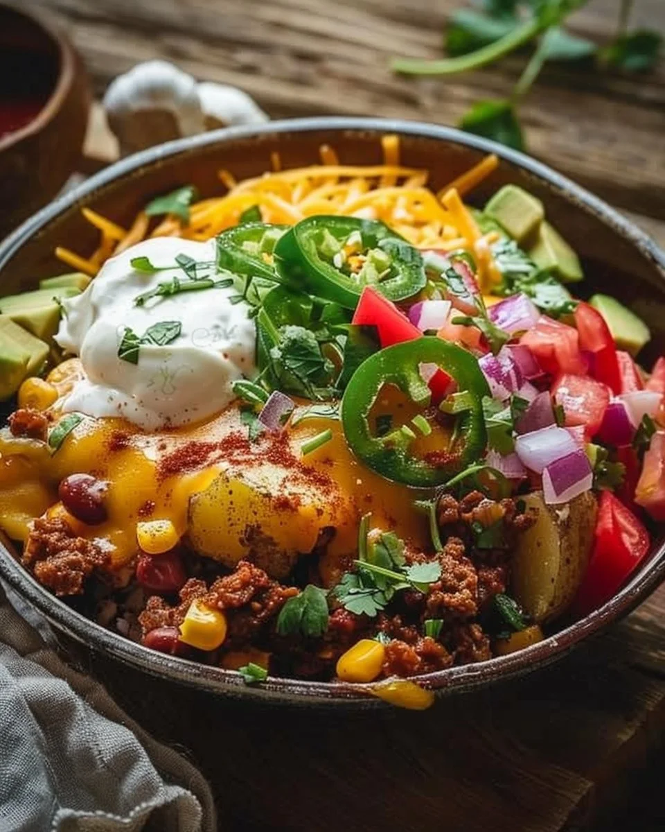 Loaded Potato Taco Bowl topped with flavorful ingredients and crispy toppings
