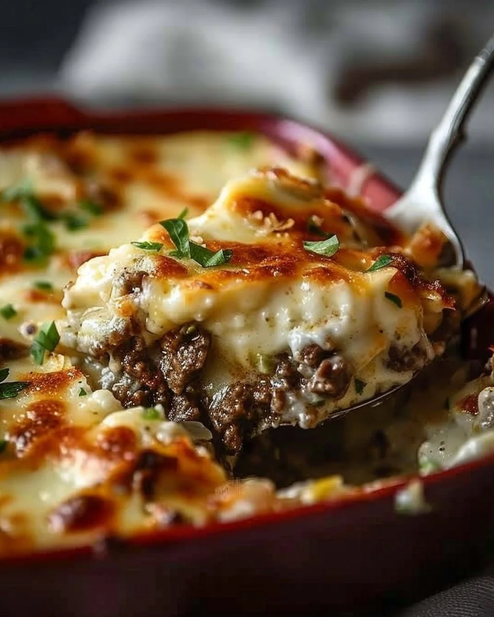 Low Carb Philly Cheesesteak Casserole with cheese and peppers on a plate