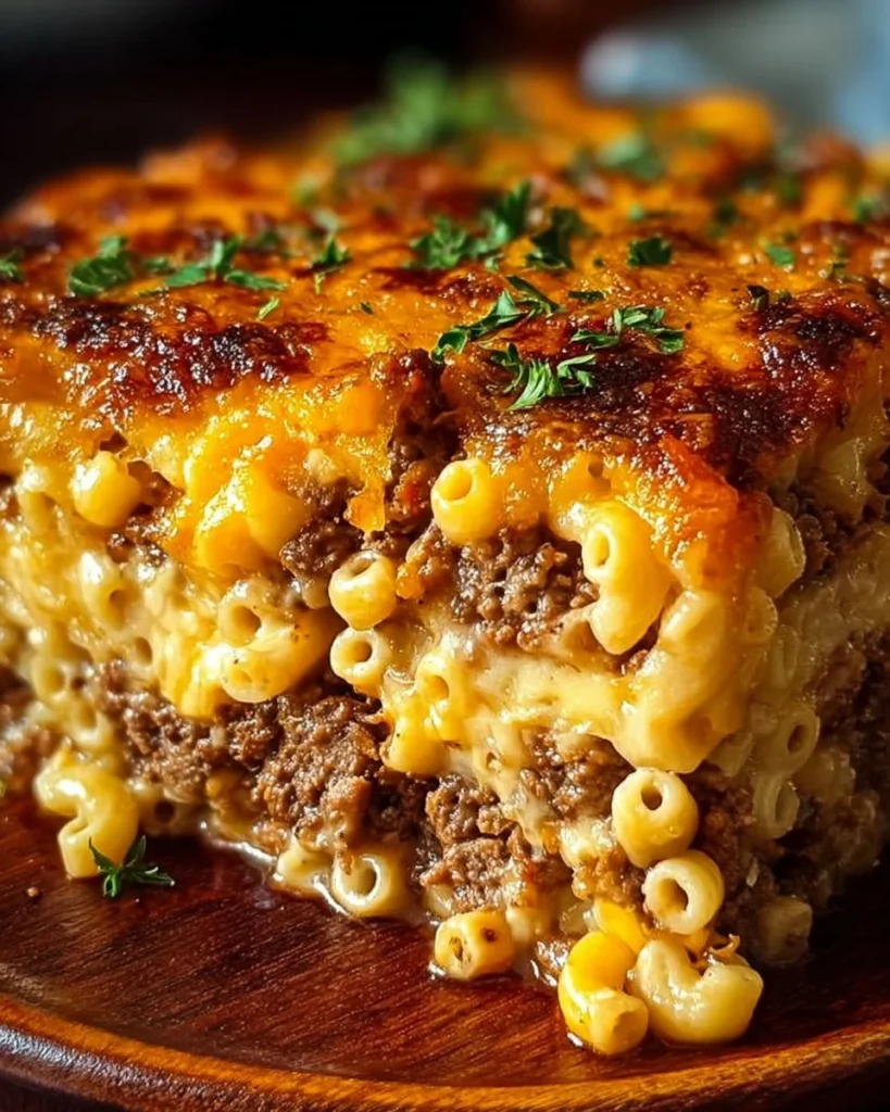 Delicious Macaroni and Cheese Meatloaf Casserole served in a baking dish
