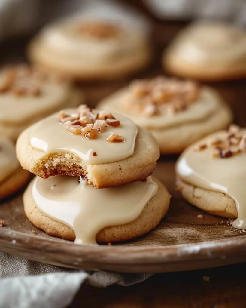 Maple cookies drizzled with brown butter icing on a plate