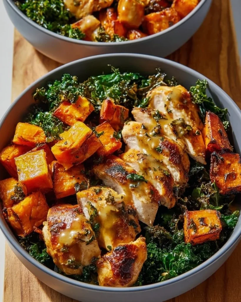 Maple Dijon Chicken served in a roasted sweet potato bowl with greens