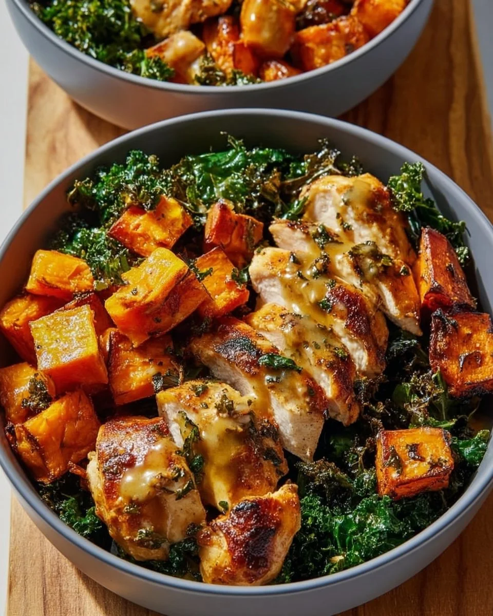 Maple Dijon Chicken served in a roasted sweet potato bowl with greens