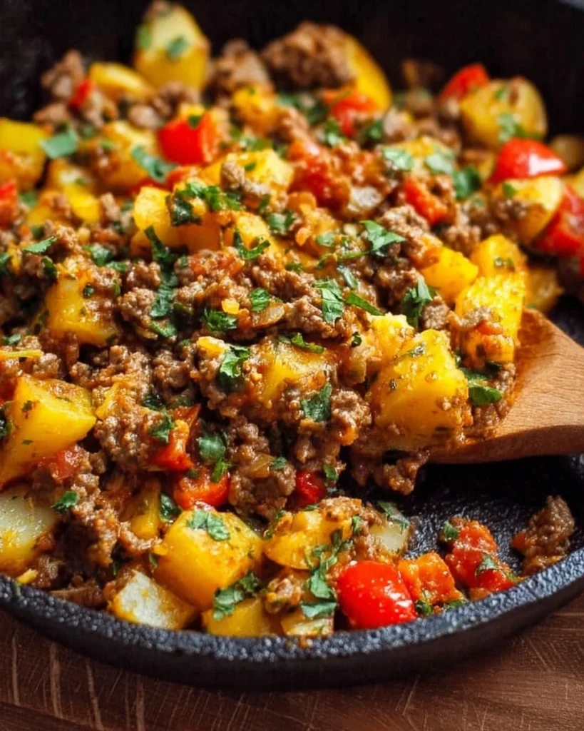 Mexican ground beef and potato skillet dish garnished with fresh herbs