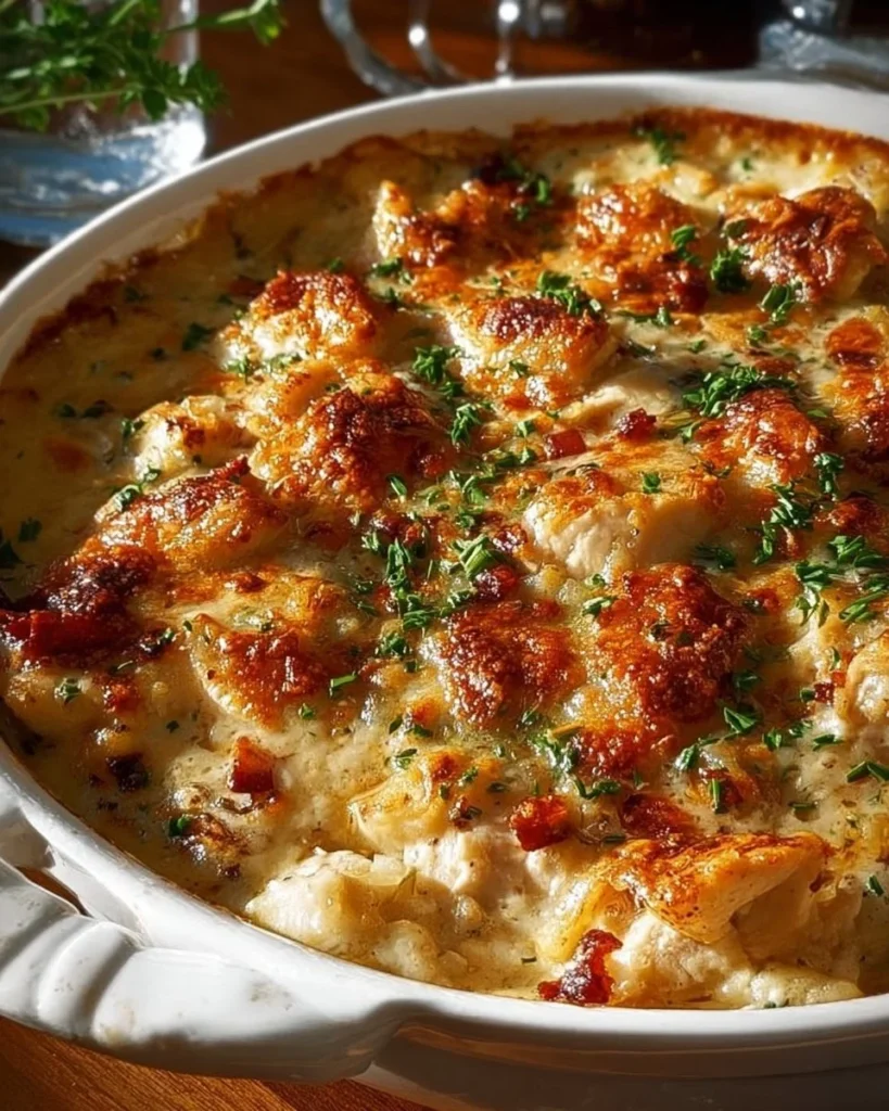 Delicious Neiman Marcus chicken casserole served in a baking dish