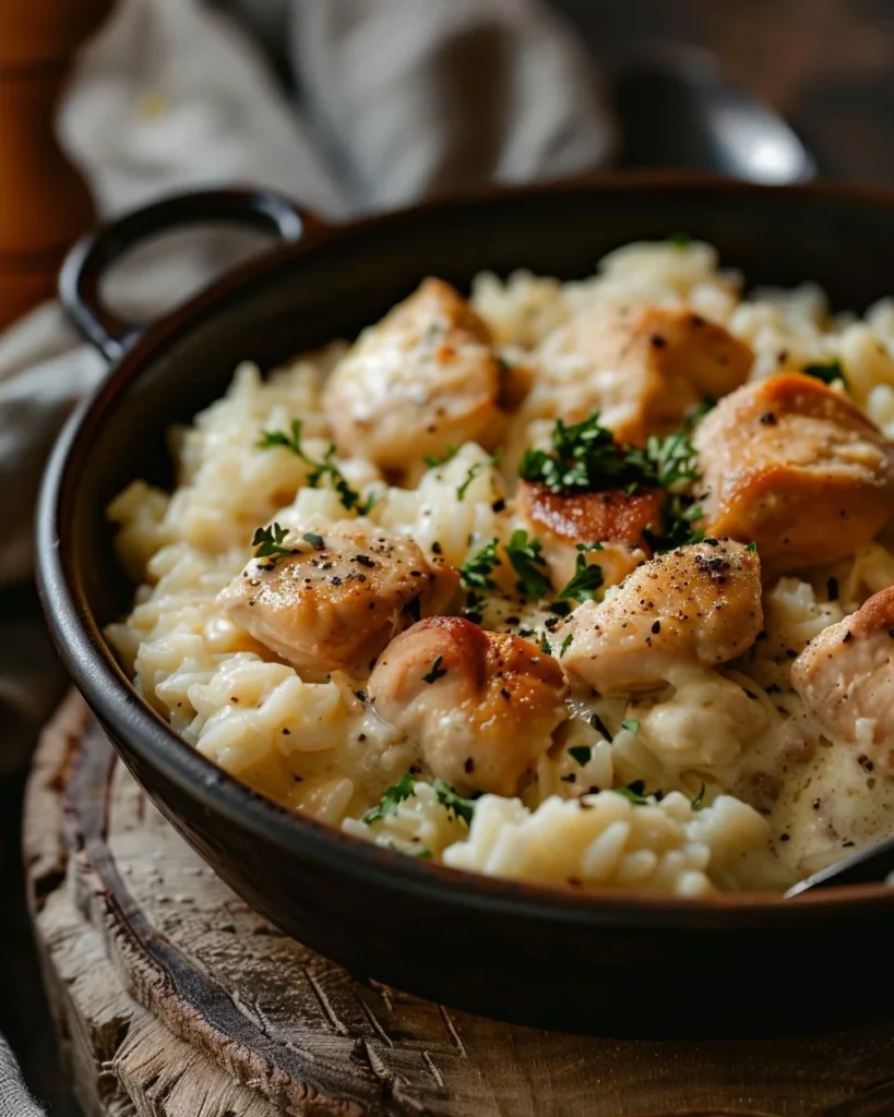One-dish creamy chicken and rice meal with herbs and vegetables