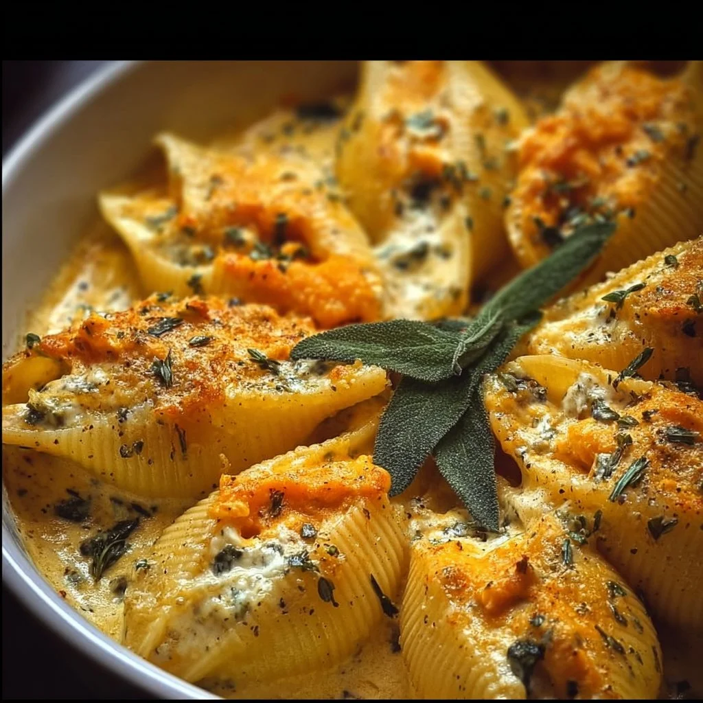 Delicious Pumpkin and Gouda stuffed shells on a plate, garnished and ready to serve.