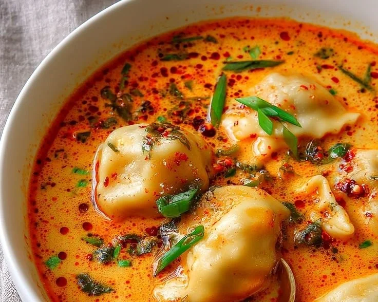 Bowl of quick coconut curry soup with dumplings topped with fresh herbs