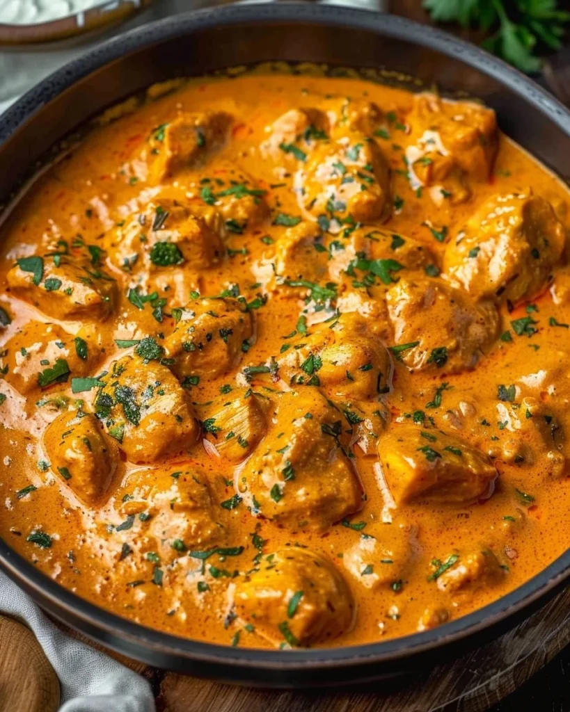 Delicious homemade butter chicken served with rice and garnished with cilantro