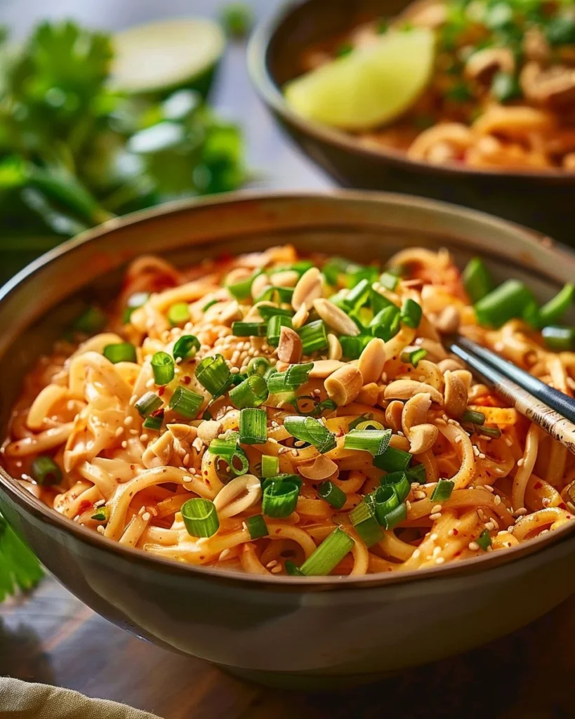 Bowl of red curry peanut noodles garnished with fresh herbs and toppings.