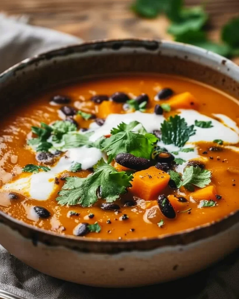 Bowl of roasted sweet potato and black bean soup topped with herbs