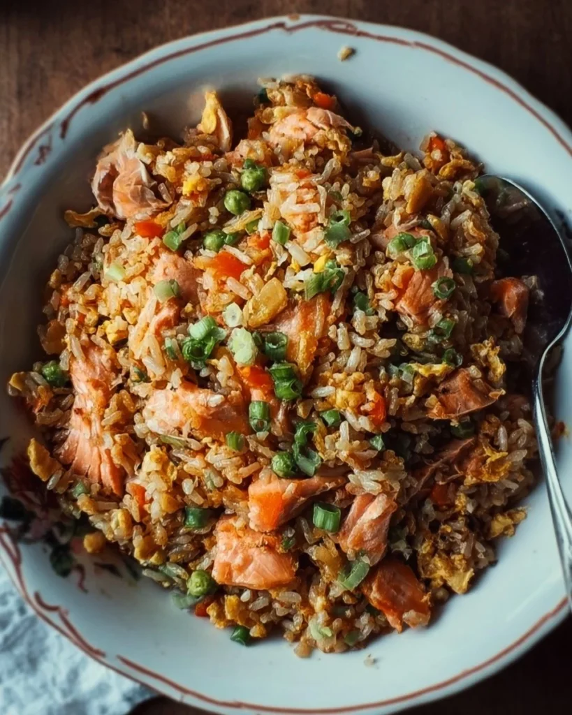 Delicious bowl of Salmon Fried Rice garnished with green onions