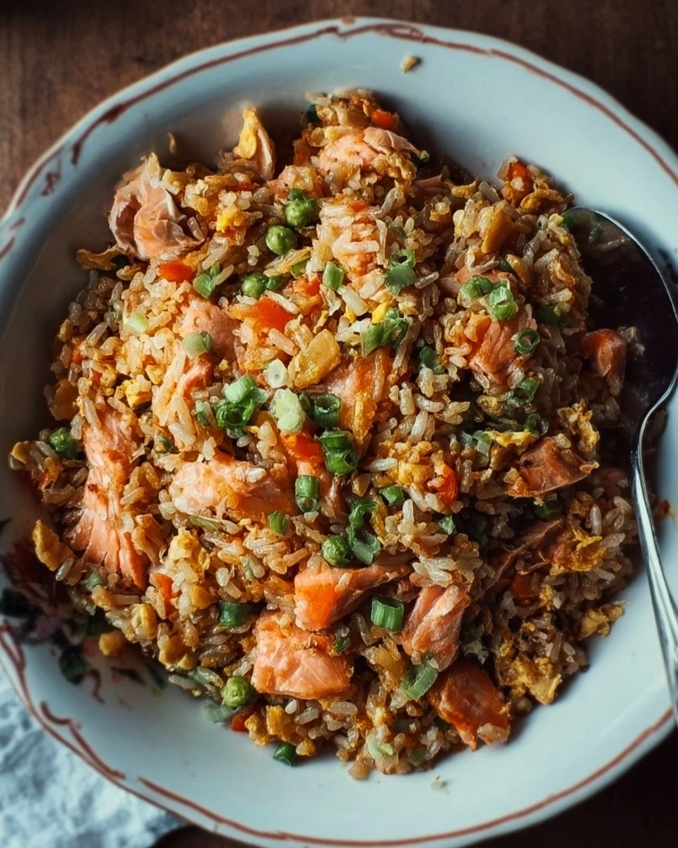 Delicious bowl of Salmon Fried Rice garnished with green onions