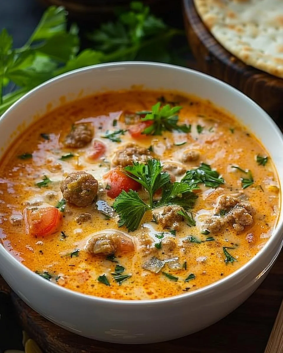 Bowl of Sausage Tomato Cream Cheese Soup garnished with herbs