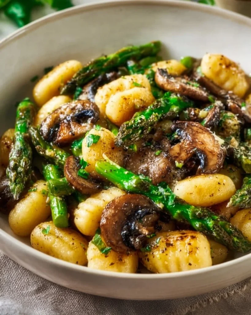 Sheet pan asparagus mushroom gnocchi dish ready to serve