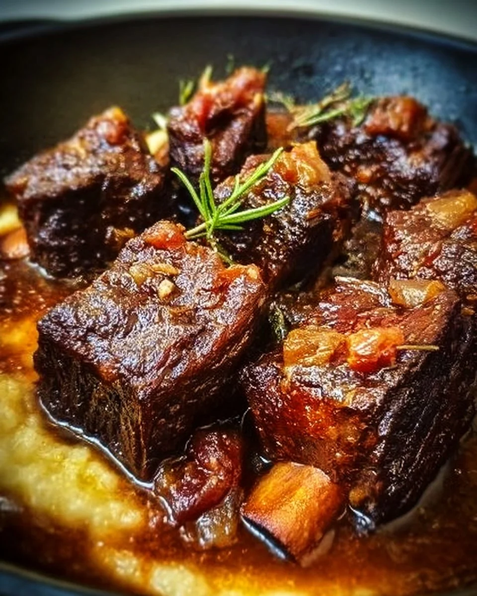 Slow-braised beef short ribs cooked in apple cider for a savory flavor