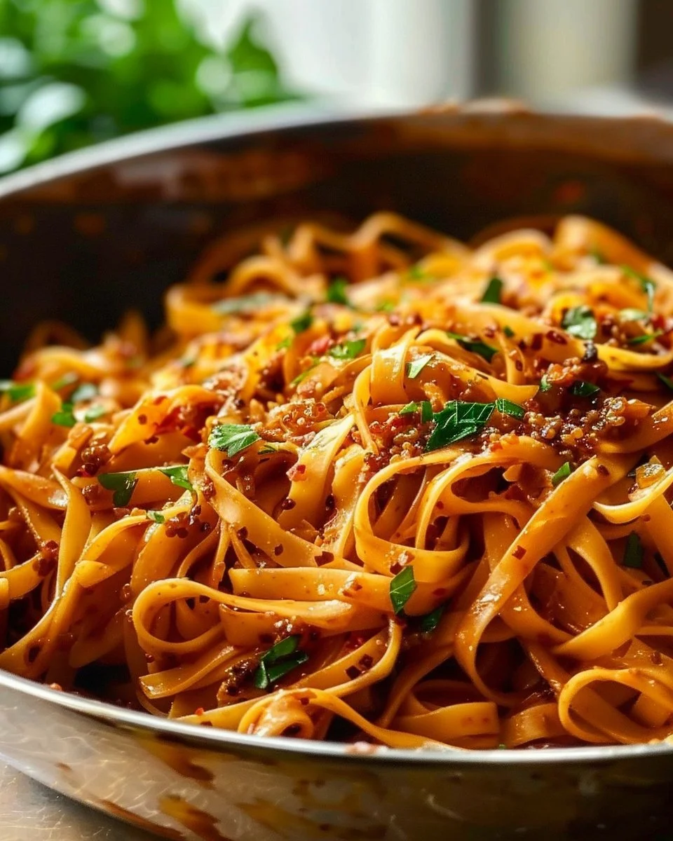 Delicious bowl of spicy chili garlic noodles garnished with fresh herbs
