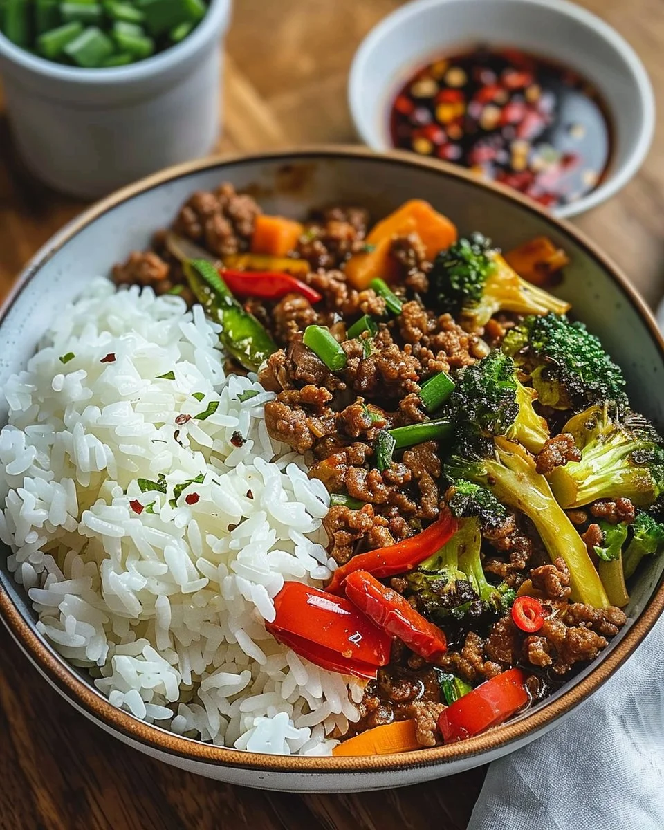 Spicy Ground Beef Stir-Fry Bowl with garlic vegetables and steamed rice