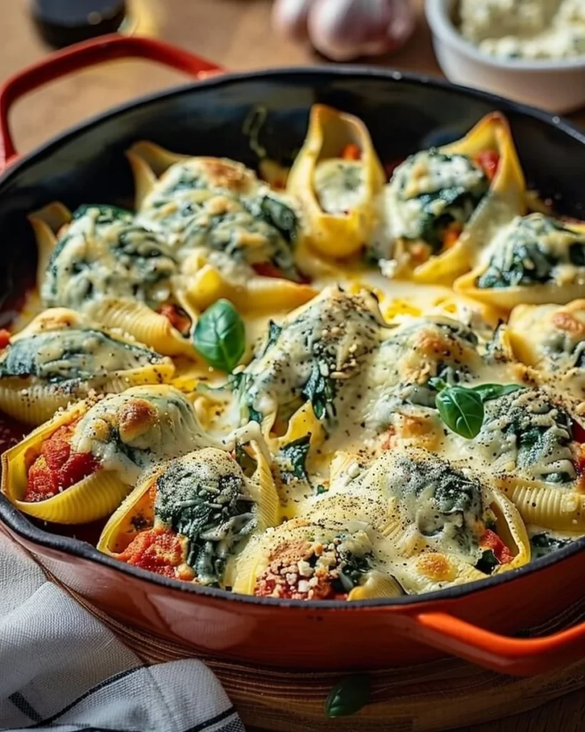 Delicious spinach and ricotta stuffed shells on a plate